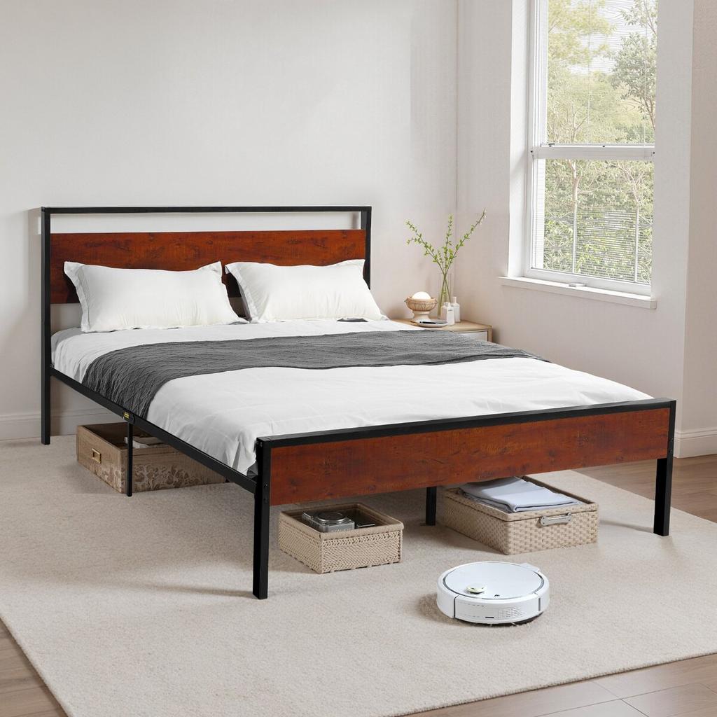 Queen Size Bed Frame, 35 cm Black Metal Platform Bed Frame with Retro Brown Wooden Headboard and Footboard, Large Under-Bed Storage, Non-Slip Without