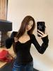 Chic Winter Women's Square Neck Slimming Knot Waist Long Sleeve Top