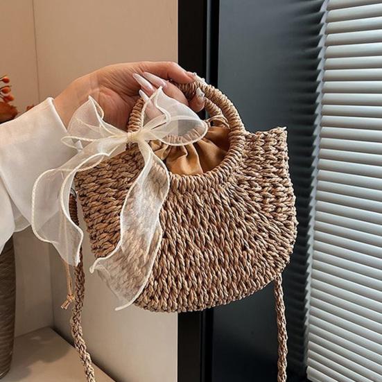 Straw Woven Handbag Boho Small Crossbody Purse with Detachable Strap Round Top Handles Summer