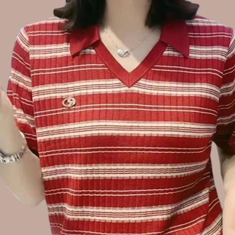 Short-sleeved T-shirt for Women's New Hot Summer Casual Versatile Tops for Mothers Age-reducing Fashionable Striped Polo Shirt