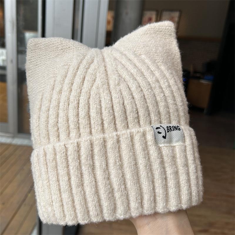 Cat Ears Wool Hat Women's Autumn and Winter Warm Cute Knitted Hat Casual Versatile Soft Girl Cold Hat
