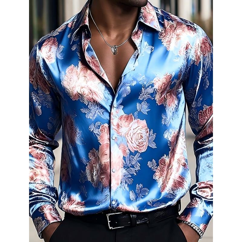 Men's Floral Pattern Rose Shirt, Long Sleeved Retro Vacation Daily Wear, Summer and Spring 3D Printed Shirt