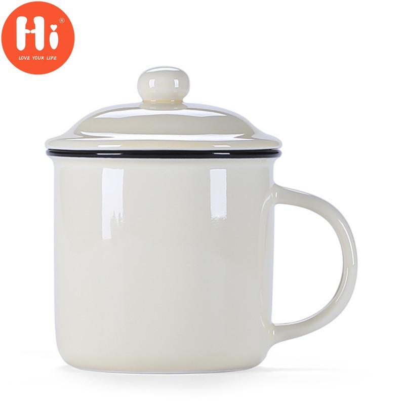 400ml Vintage Enamel Coffee Mug with Lid Ceramic Milk Mug Pigmented Tea Cup Office Water Cup Drinkware