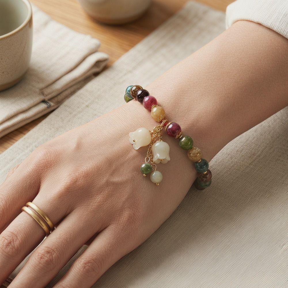Elastic Rope Orchid Flower Bracelet Floral Women Bangle Trendy Colorful Beads Bracelet Summer