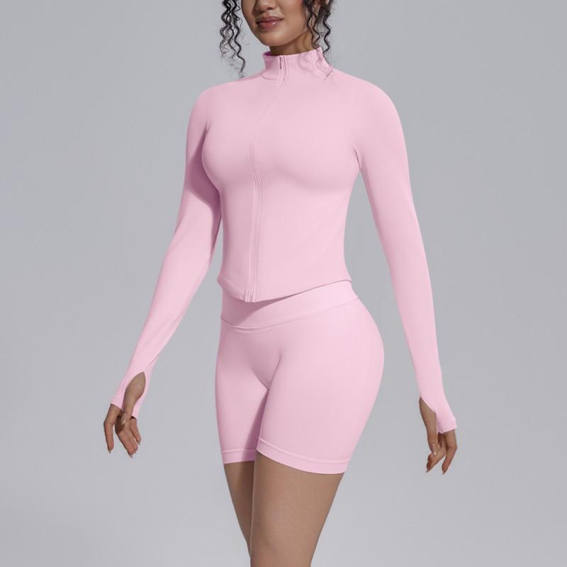 Seamless Yoga Workout Set Zip Jacket Sports Bra V-Waist Shorts Leggings Gym Fitness Outfit