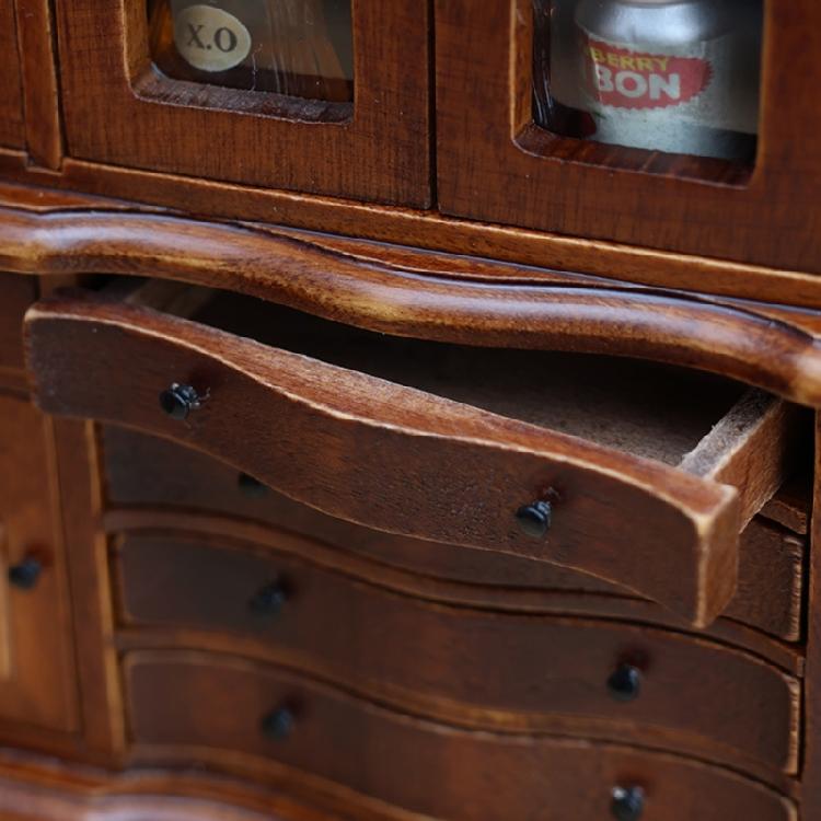 Detailed 1/12 Dollhouses Display Cabinet Model Figure Wood Side Cabinet with Functioning Door and Drawer for Scene Layout