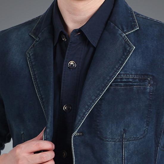Herbst-Denim-Blazer Unifarben Revers Kragen Einreiher Schmale Passform Taschen