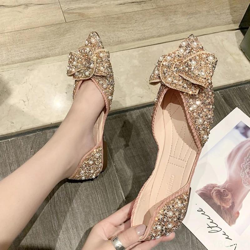 2026 Spring/Summer New Fashionable Shallow Mouth Pointed Women's Single Shoes Women's Bow Water Diamond Soft Bottom Flat Shoes