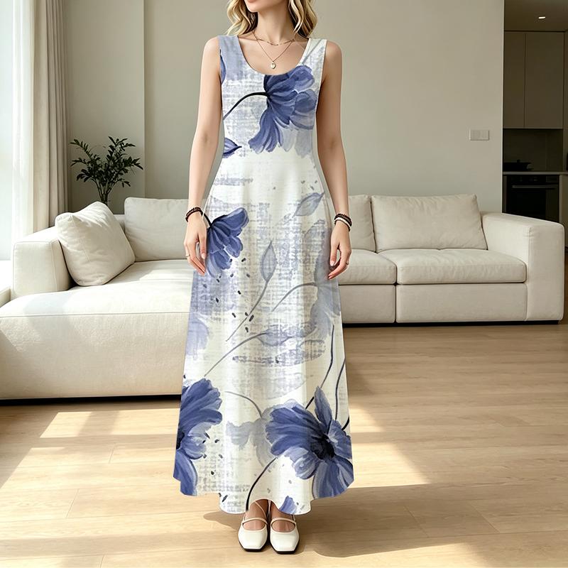 Women's Sleeveless Long Maxi Dress Lightweight Elegant Floral,Versatile for Daily Commute,Casual Events,Flowy Ladies' Dress
