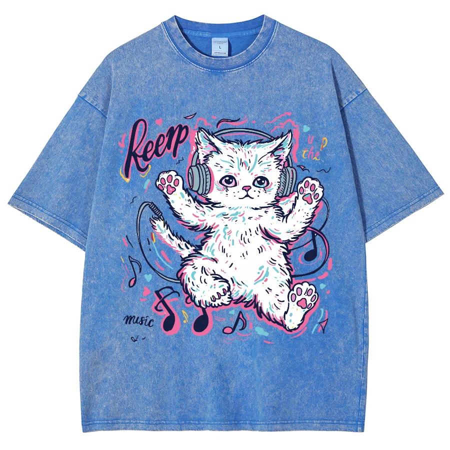 Women Cotton Washed T-Shirt Summer Music Pattern Print Tees Street Oversize Tops Fashion O-Neck Clothes Retro Loose Fitting S разноцветный