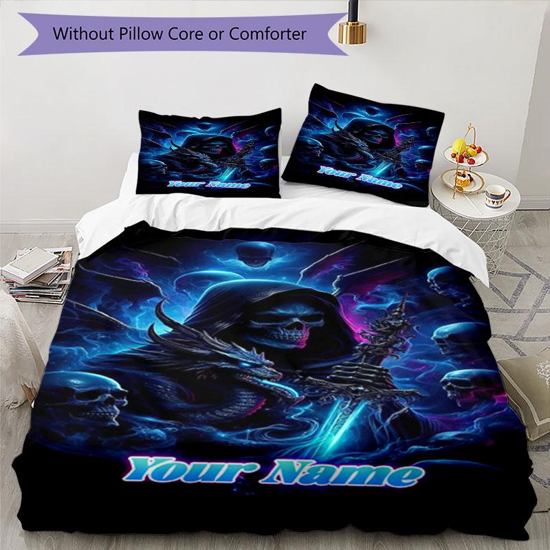 3PC Custom Name Sword Grim Reaper Bedding Set Printed Bedding Set Duvet Cover Closure Includes 1 Duvet Cover & 2 Pillowcases for All Seasons Bedroom