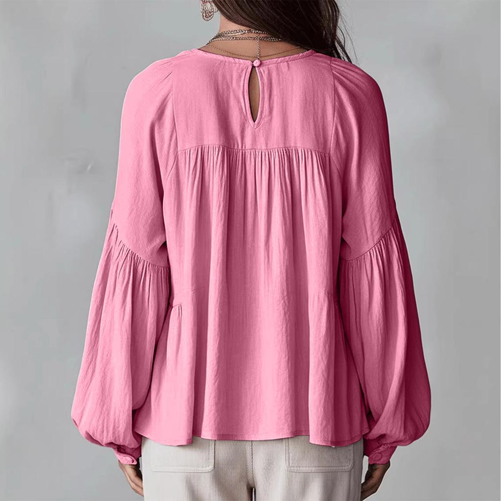 Women's Loose-fitting, Casual, And Sweet Blouse With Ruffled Trim And Puff Sleeves.