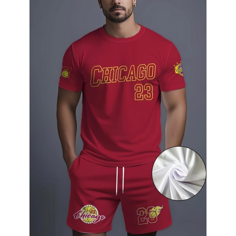 Conjunto de Duas Peças Masculino Tendência com Gola Redonda e Mangas Curtas, Shorts para Lazer de Verão e Férias Confortáveis, Roupa Masculina Esportiva