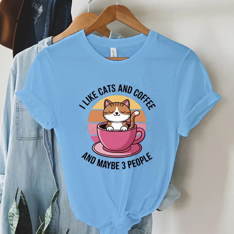 Kawaii Cat Coffee Lover T Shirt I Like Cats and Coffee Classic Top Tees Crew Neck Summer Clothes Coffee Lover Gift Cat Mom Shirt