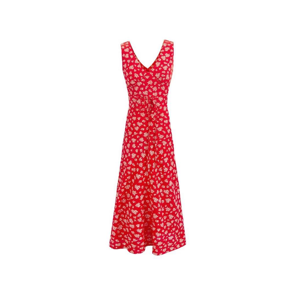 French Romantic Retro Print Deep V-neck Sexy Dress Women's Fashion Casual Vacation Vest Floral Long Skirt
