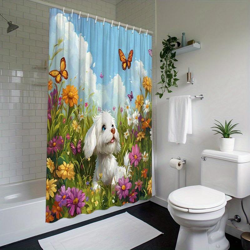 Fluffy White Dog Shower Curtain - Spring Scene With Flowers & Butterflies, Polyester, 12 Hooks, 70.8X70.8 Inches, Easy To Clean