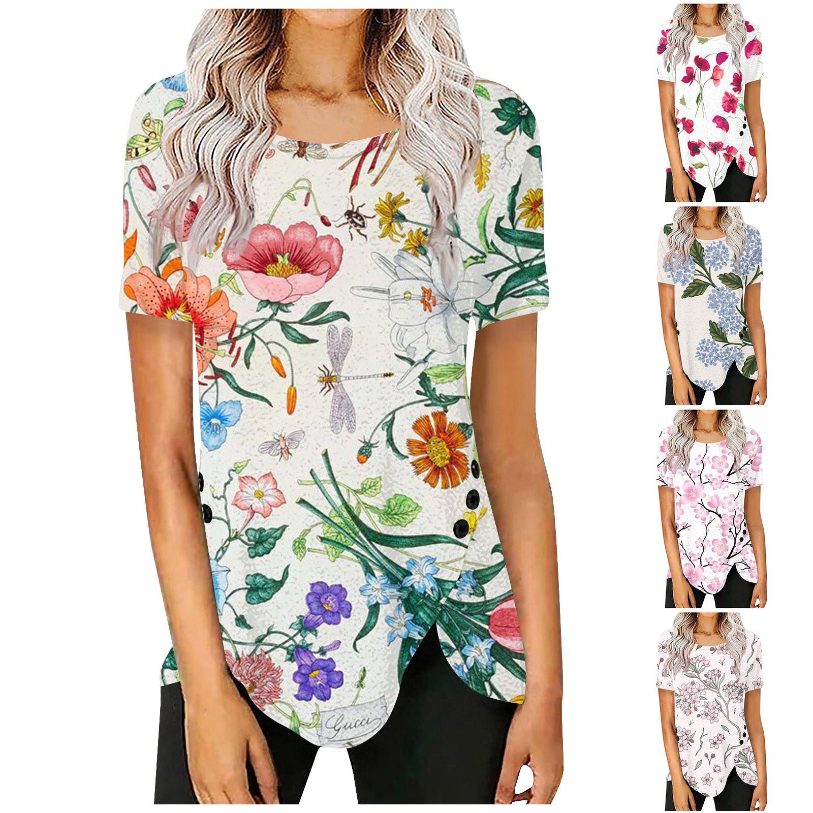 

Женская туника с коротким рукавом Свободные топы Повседневные топы больших размеров Плиссированная туника на пуговицах Повседневные летние футболки Женские топы Нарядные рубашки