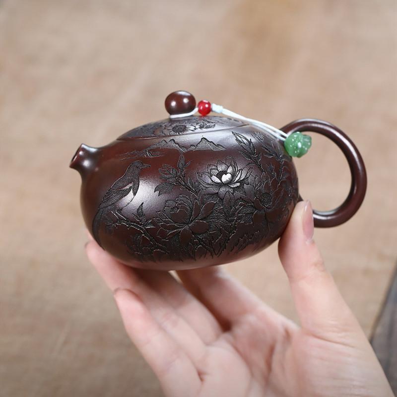 

Yixing Handmade Purple Clay Teapot Flower Bird Xishi Tea Pot Beauty Tea Infuser Kettle Chinese Household Zisha Tea Set 210ml