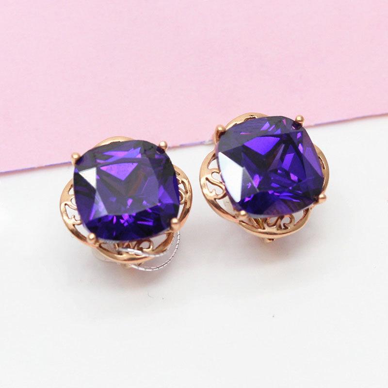 Purple Gold Square Purple Stone Earrings, High-End Elegant Earrings, Rose Gold-Plated Ear Jewelry.