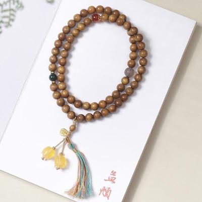 Golden Sandalwood Beaded Bracelet with Tassel: Unisex Multi-Wrap Ancient Chinese Style Rosary.