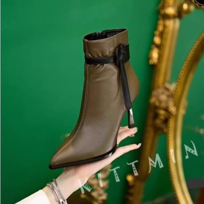 Temperament high-heeled short boots women's autumn and winter new small thin boots pointed thin heels fashion boots color matching