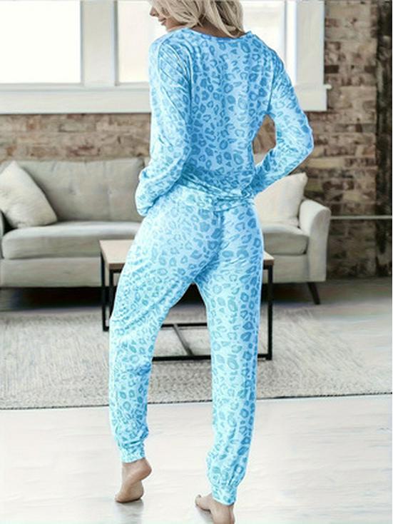 European and American Plus Size V-neck Butterfly Print Long-sleeved Top & Pants Leopard Set.