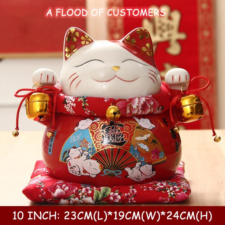 10 inch Ceramic Lucky Cat Money Bank Maneki Neko Fortune Cats Porcelain Happy Smiling Cat Figures Feng Shui Decor Ornament