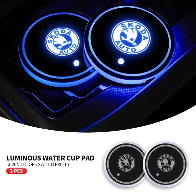 MBLH7 Car Colorful Water Coaster Auto Luminous Cup Holder Anti-Slip Mat For Skoda Kamiq Rapid Fabia Octavia Yeti Superb Citigo RS