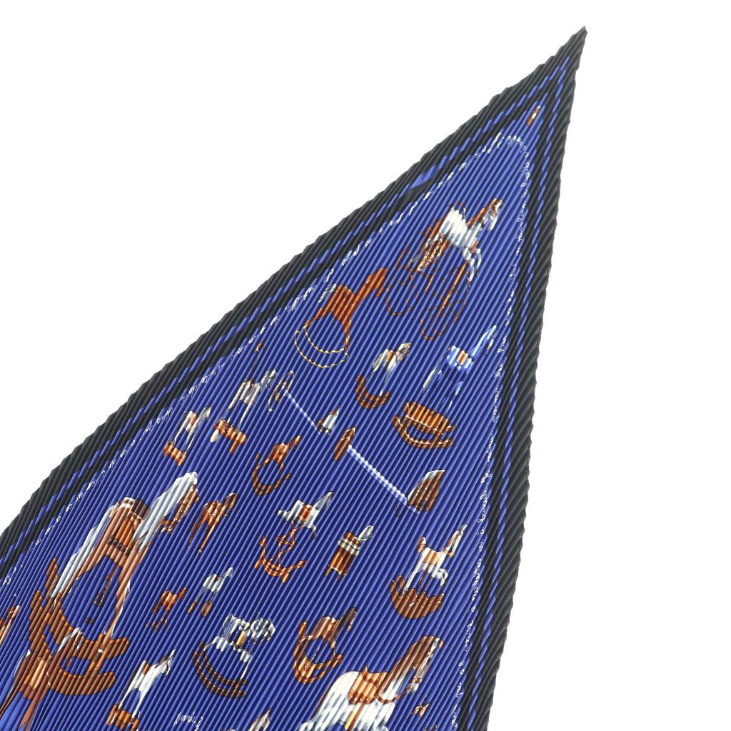 Excellent HERMES scarf Blue Rocking Horse Pleated curry Multi silk Women Used