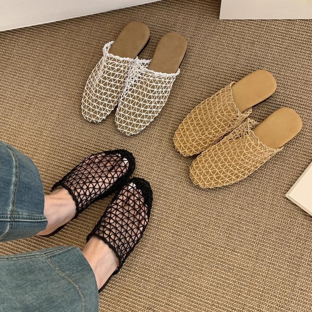 Retro new mesh hollow breathable cool slippers fishing net woven bag head half drag flat muller shoes Roman sandals