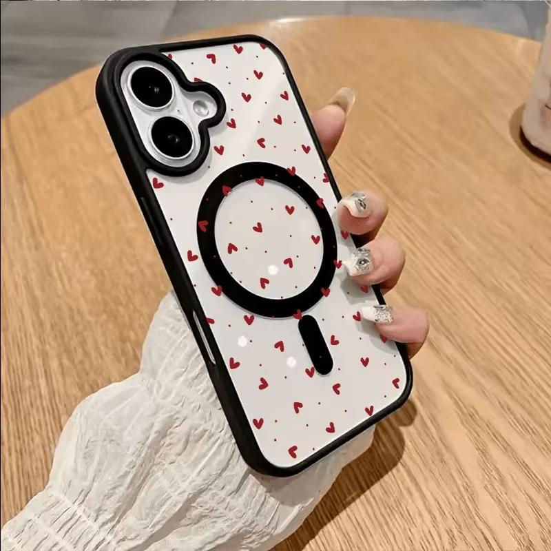 Polka Dot Heart Pattern Black Border Magnetic Clear Phone Case For iPhone 17 Air 16E 16 15 14 13 12 Pro Max Plus 11 17 Cover