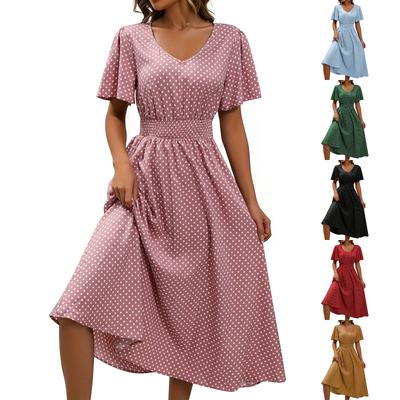 Damen-Freizeitkleid mit V-Ausschnitt, taillierter Silhouette und Polka-Dots, kurzen Ärmeln
