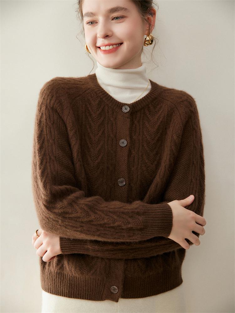 2025 Women's Baby Cashmere Cable Knit Cardigan: Loose, Thick, Versatile Sweater with Round Neck for Autumn/Winter