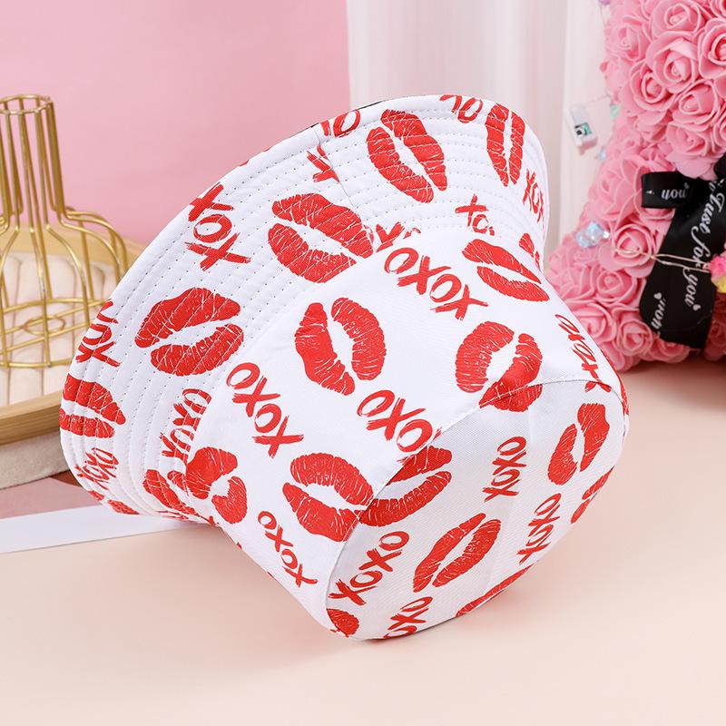 New fashionable heart-shaped printed double-sided bucket hat kiss pattern trendy sunshade sun hat sunscreen basin hat