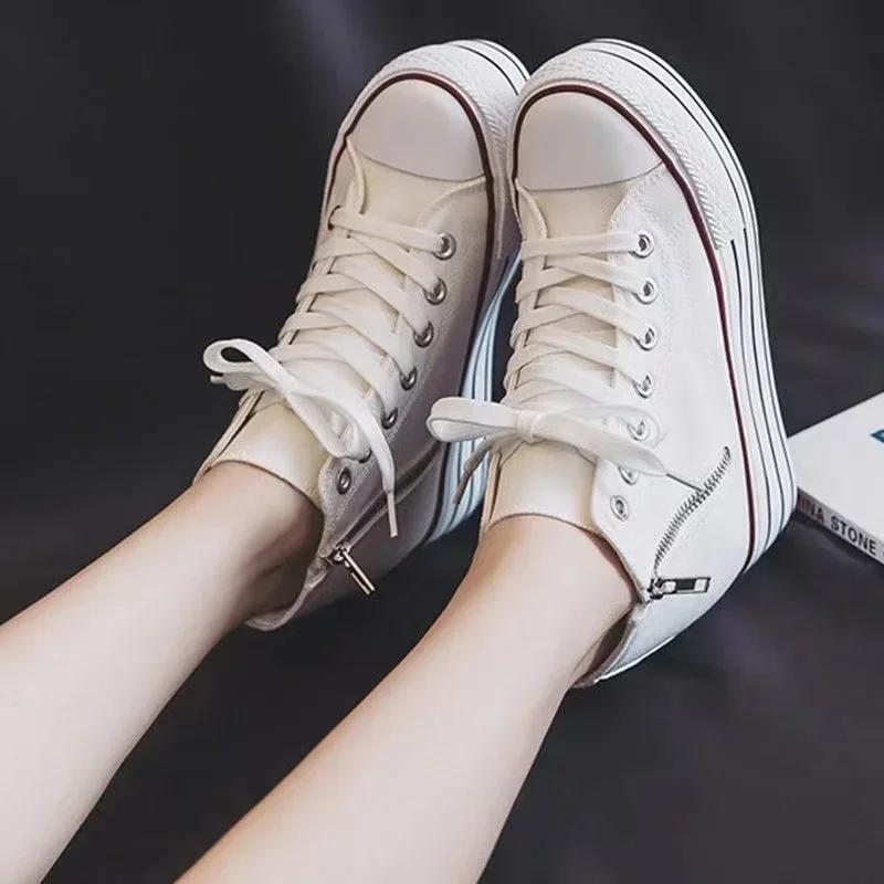 

Women s Canvas Shoes Inner Height Increase 2025 Summer Autumn New Style Zipper Skateboard Shoes Versatile Thick Bottom Clog 33 білий