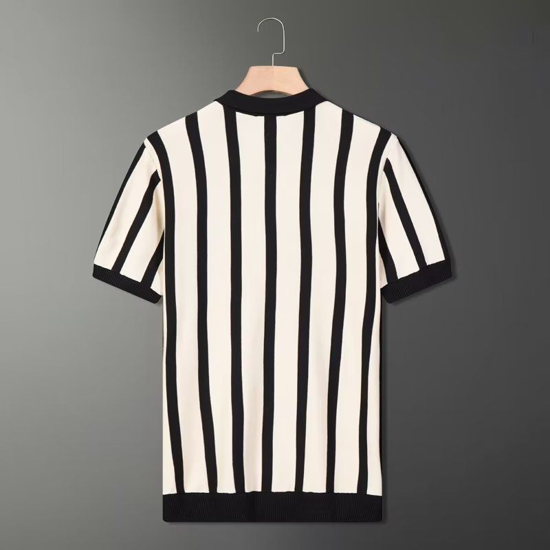 New Summer Minimalist Color Striped Casual Slim Fit British Retro Style Personalized Flip Collar Half Zip Knit Polo Shirt