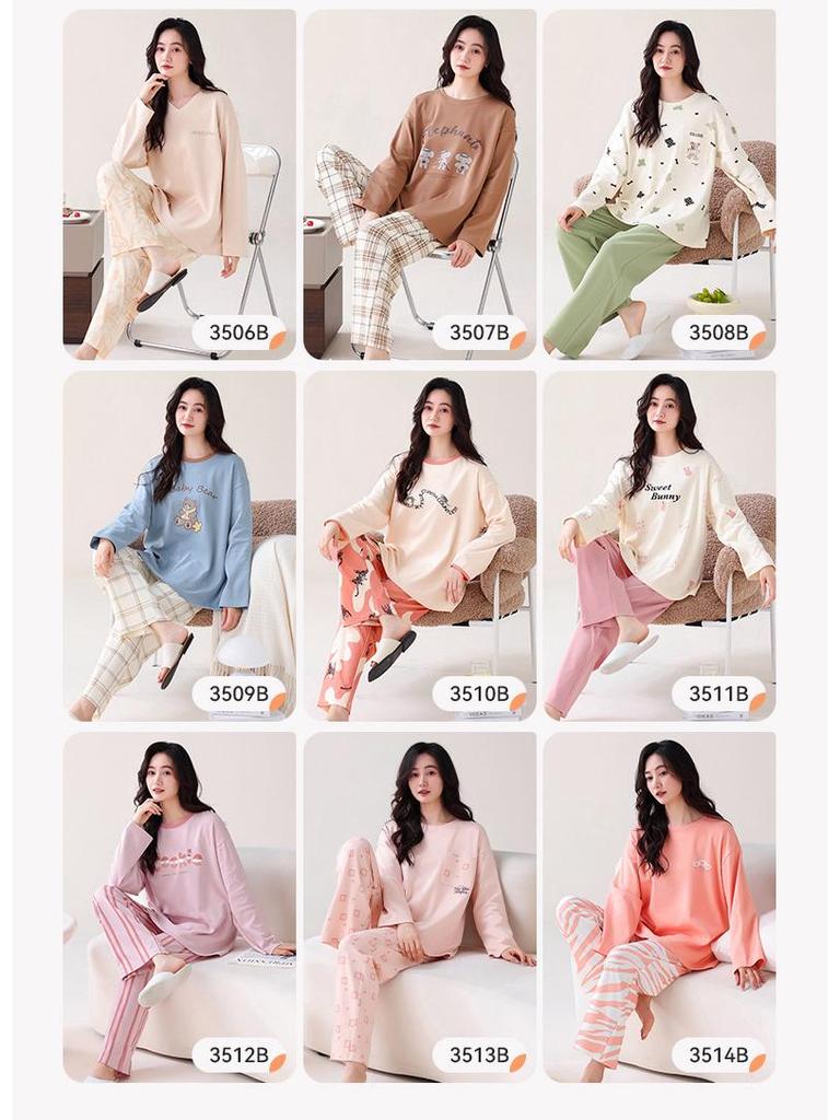 Women's Double-Sided Cotton Pajama Set with Chest Pads - Round Neck, Long Sleeve, Long Pants Pullover Style