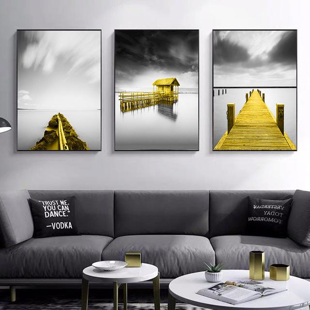 Golden Retro Natural Scenery Canvas Poster Nordic Boat Tree Lake Wall Art Modern Home Decoration Picture for Interior Paintings