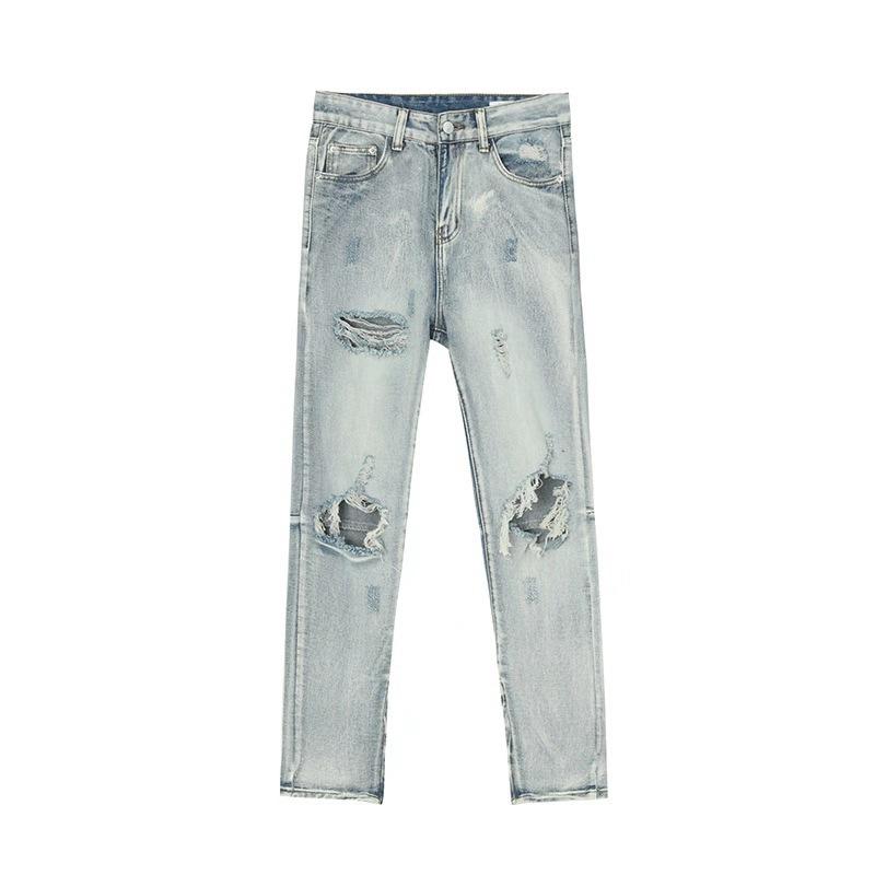 Long Trousers High Street Broken Hole Men and Women with The Same Hip-hop Retro Washed Zipper Scraped Beggar Pants Pants Versatile