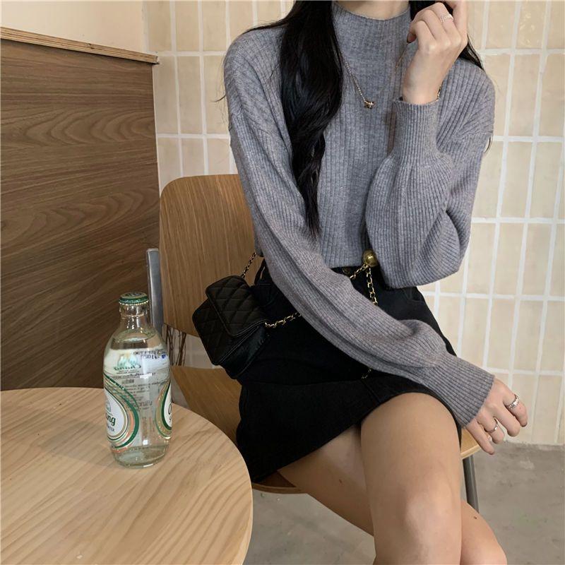Women's Black Sweater Half Turtleneck Knitwear with Lantern Sleeves Slim Fit Long Sleeve Top for Autumn and Winter Base Layer