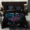 3pcs Black Bedding Set Skulls Rose Print Cozy Duvet Cover Set King Queen Twin Single Size Halloween Birthday Gift Bedroom Decor