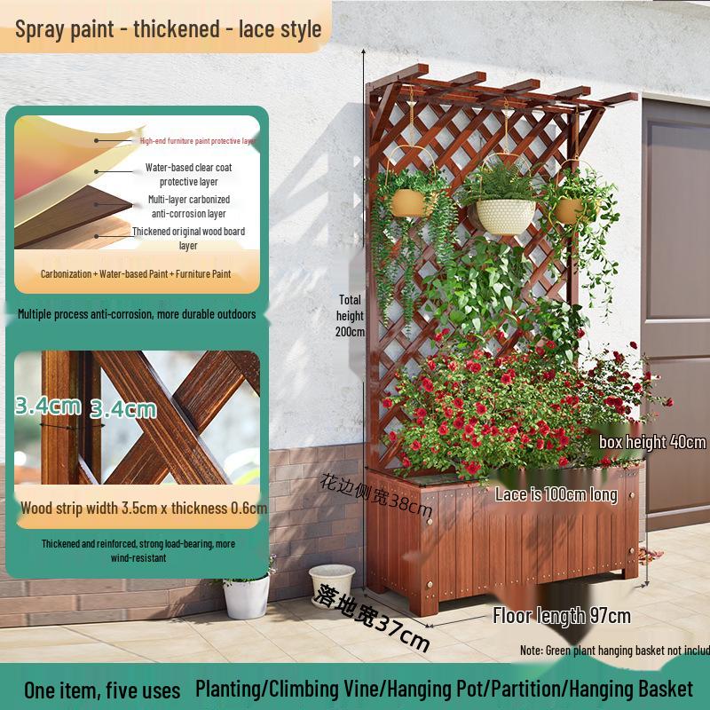 Carbonized Wooden Planter with Trellis: Outdoor Anticorrosive Flower Pot and Climbing Rack for Balcony or Garden.