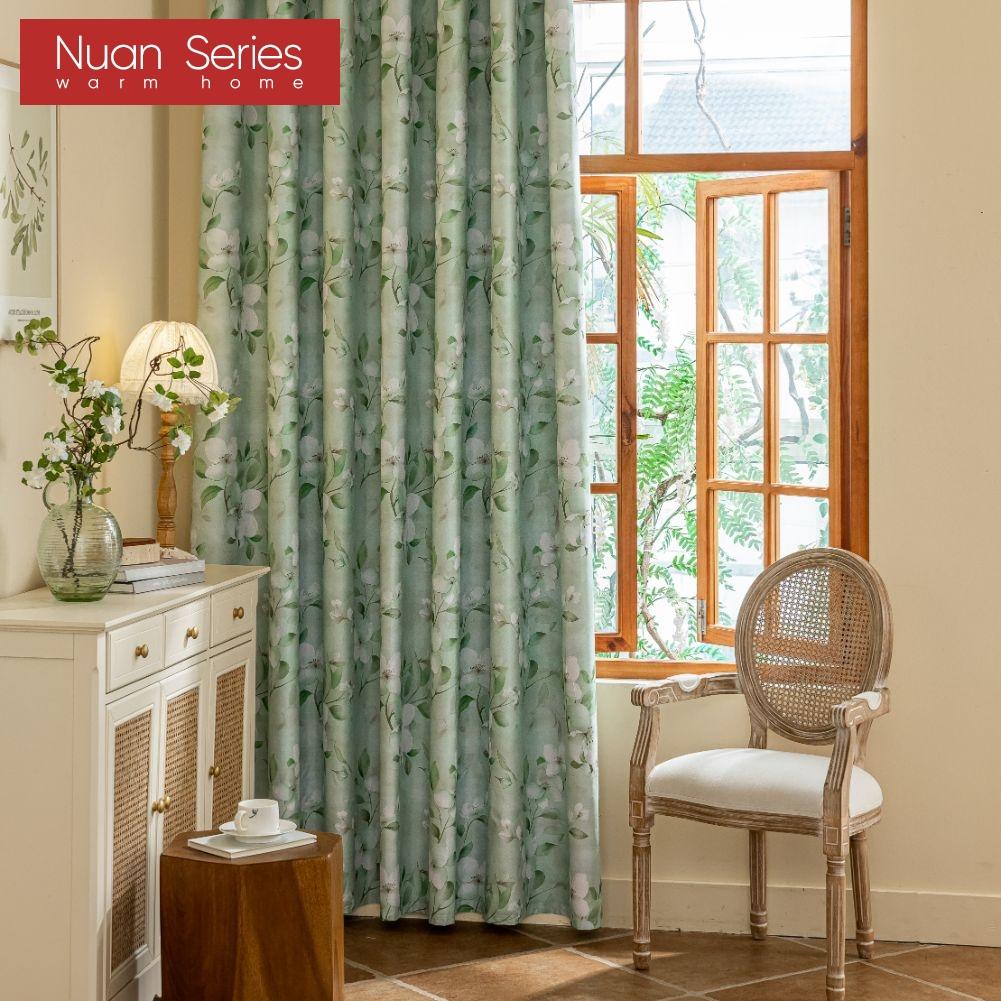 1PC Nuan Series Nordic Countryside Style Green Printed Curtains with Full Blackout Curtains for Bedroom Living Room Balcony Window for Home Decor