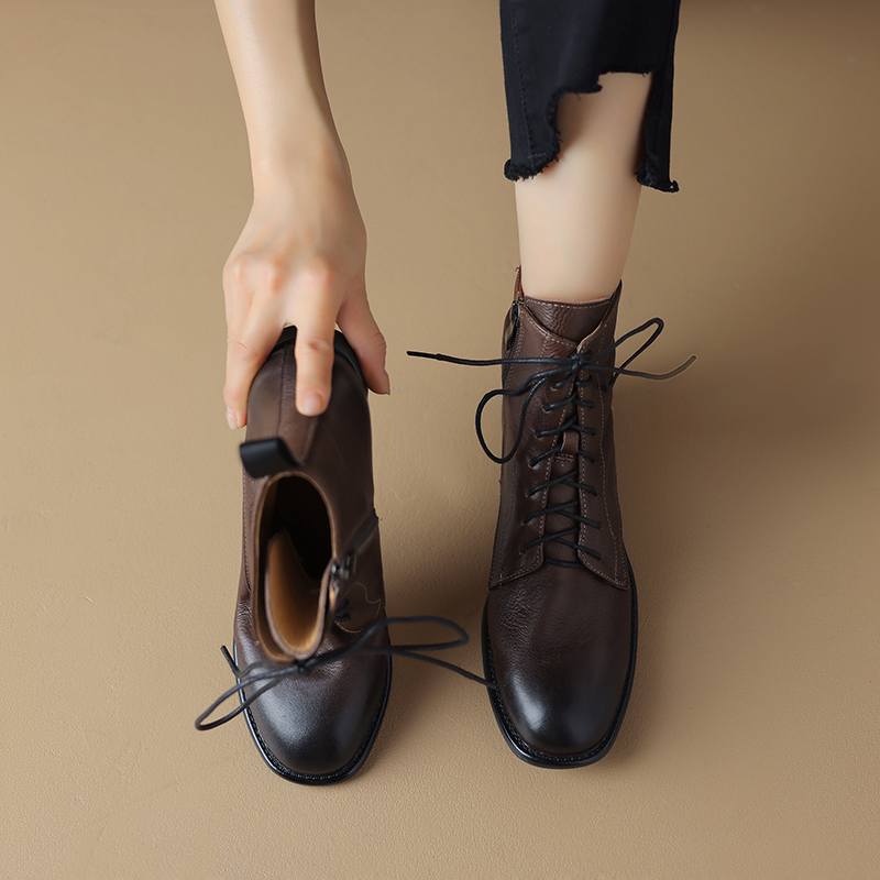 Krazing Pot Cow Leather Winter Round Toe Thick Low Heels Western Boots Women Lace Up Retro Ankle Boots