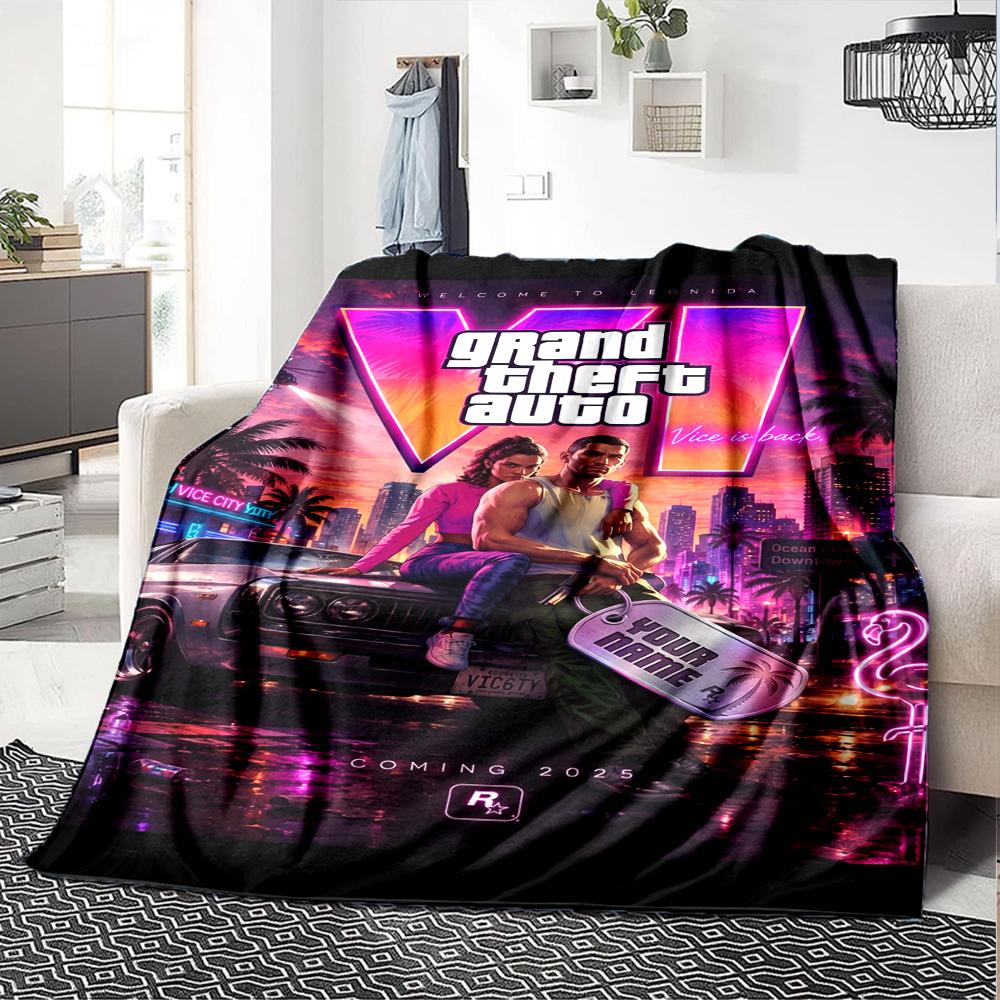 Grand Theft Auto Text individualisieren Decke Überwurf Personalisierte Decke Ultra-Weich Groß für Wohnzimmer Picknicks Nickerchen Sofa Vier Jahreszeiten Universell