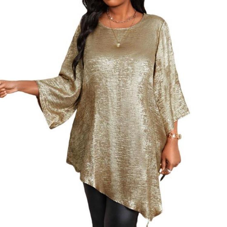 Sparkling Irregular Hem Blouse Women Loose Fit Round Neck Tee Shirt Ninth Length Sleeve Mid Top Daily Wear