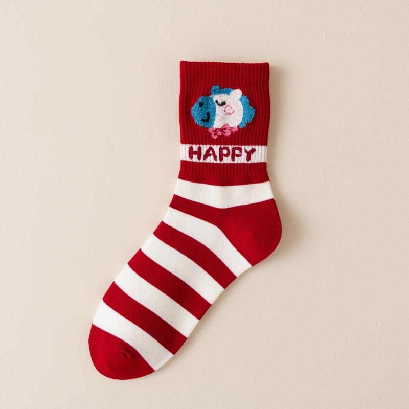 1Pair 2026 Year Of The Horse Red Socks Autumn Winter Warm Mid-Tube Socks Cartoon Pony Socks  Year Party Gifts