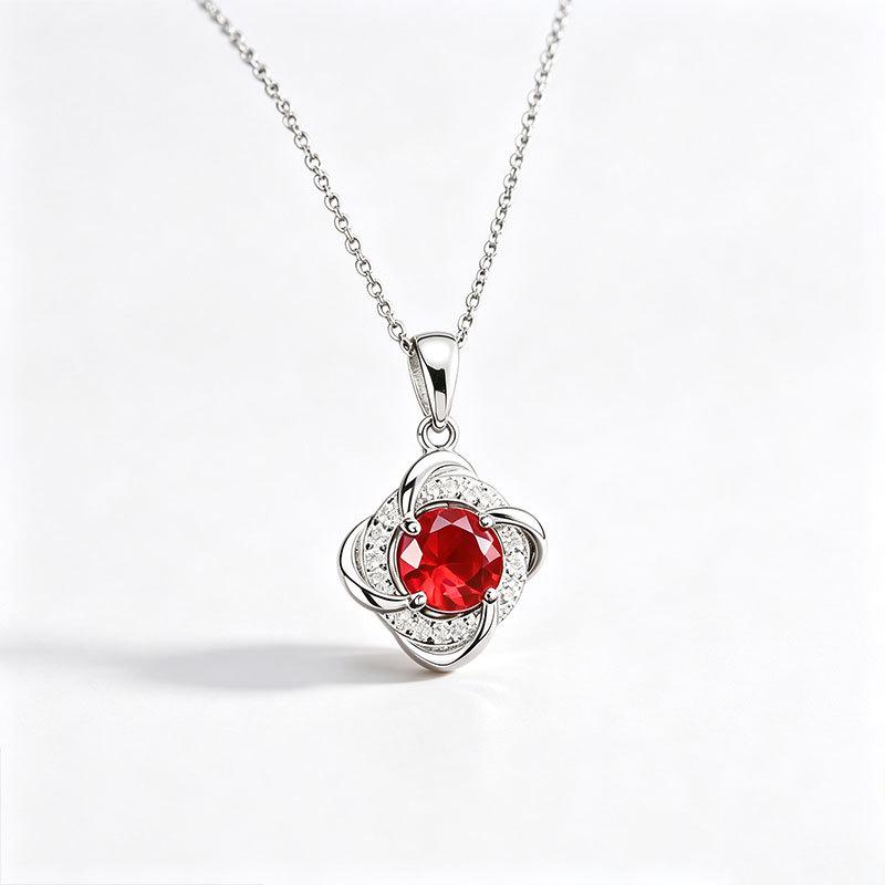 Women’s High-End S925 Sterling Silver Necklace with Inlaid Diamond, Cultured Ruby Pendant, Perfect for Daily Wear or a Birthday Gift.