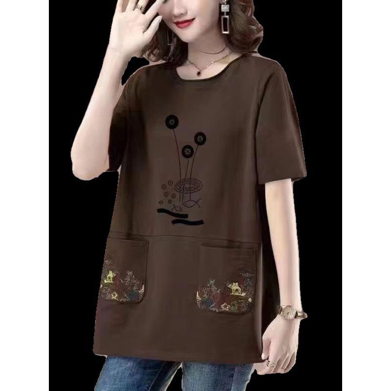 Long Length Pure Cotton Short-Sleeved T-shirt for Women Summer New Arrival Loose Plus Size Middle-Aged Ladieswear Loose Tummy Hiding Slimming Tops