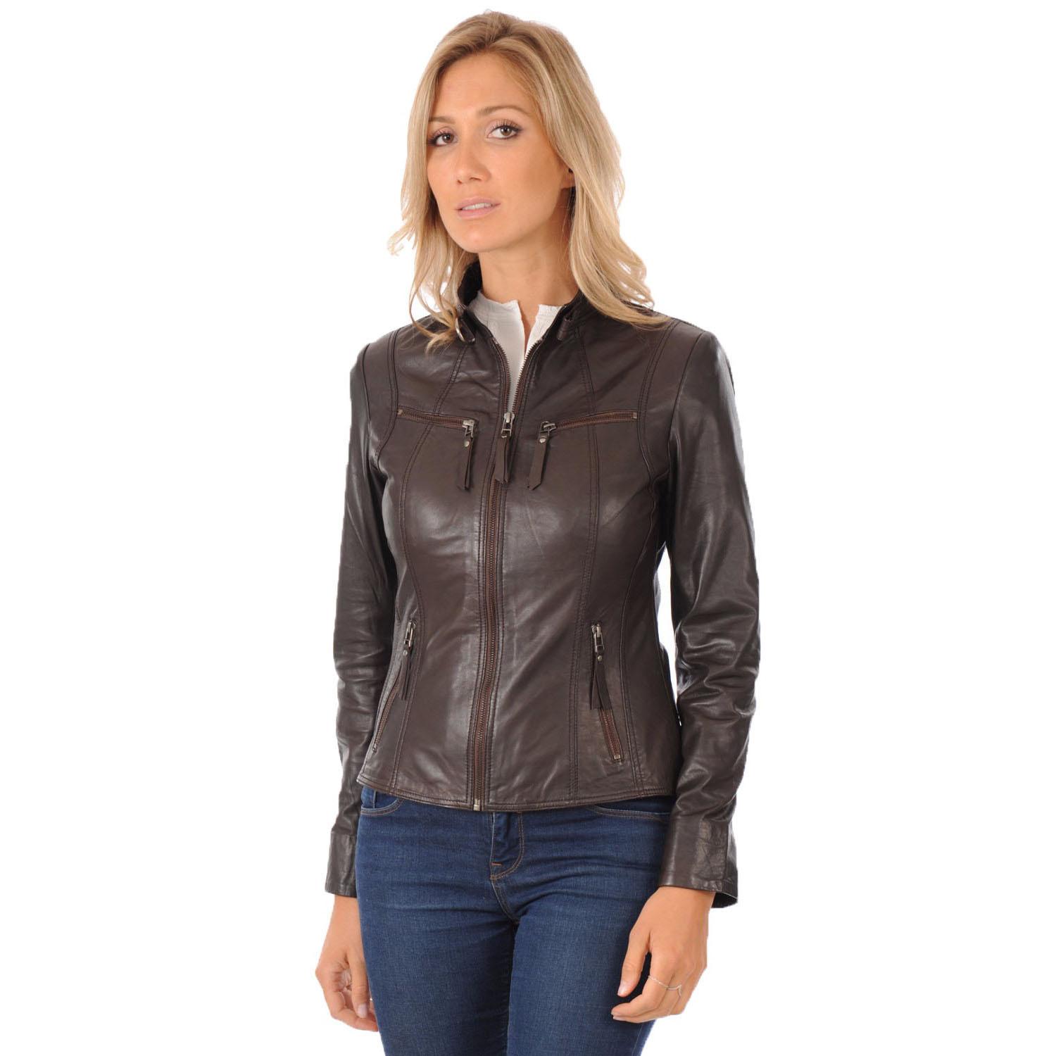 

SKINOUTFIT Womens Leather Jacket Real Lambskin Biker Motorcycle Brown Slim fit Ladies Coat XL коричневий